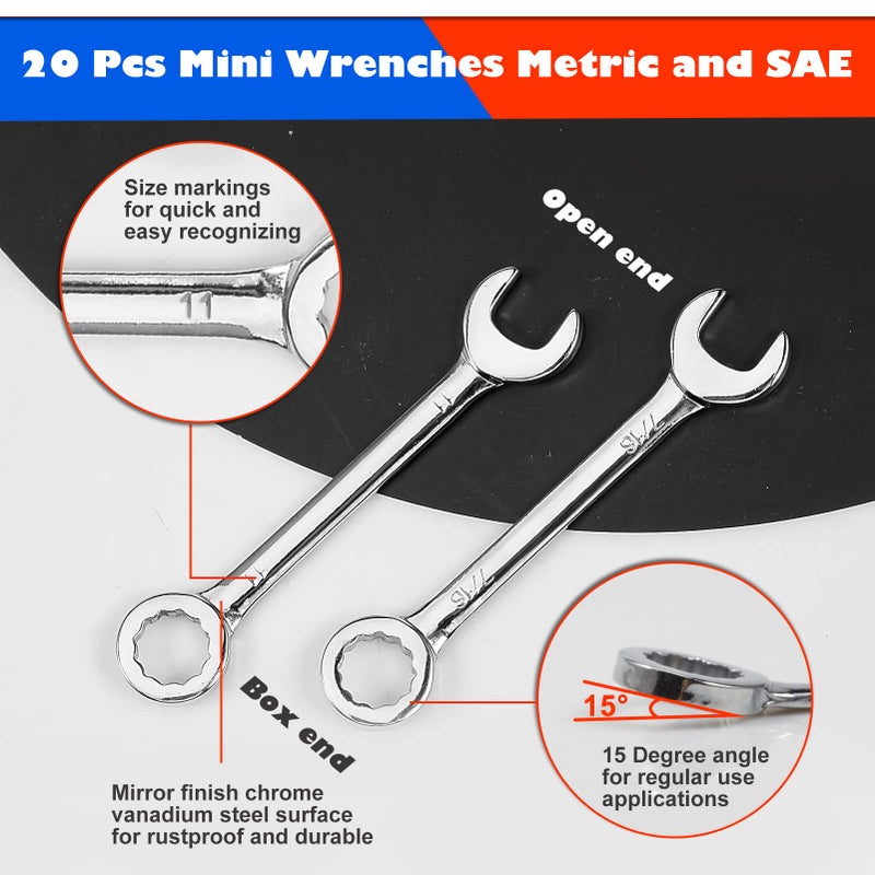 LEONTOOL Small Wrench Set Metric And SAE 20 Pcs Mini Wrenches Open End Box End Wrench Set with Key Rings, Metric 4-11mm And SAE 5/32 To 7/16 Inch, Ignition Wrenches Labor Day Gifts Tool Gift for Men - Image 2